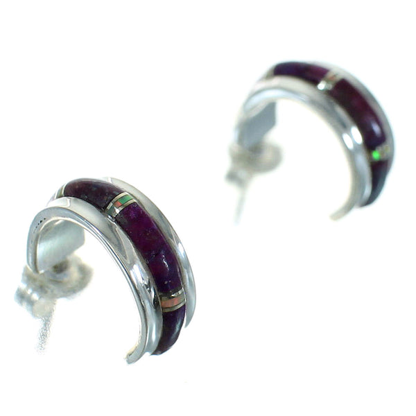 Opal Magenta Turquoise Inlay Genuine Sterling Silver Post Hoop Earrings RX66319